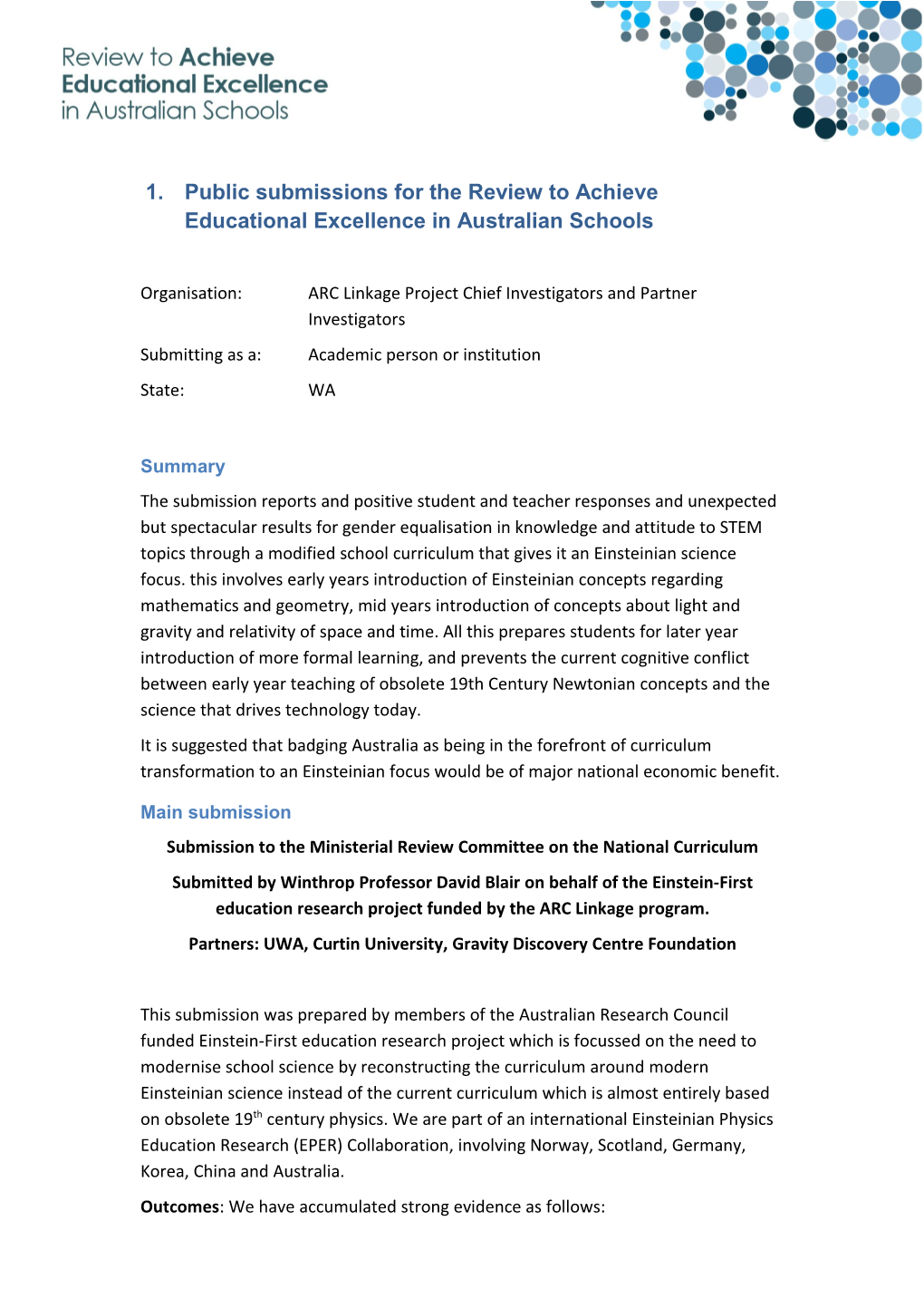 Public Submissions for the Review to Achieve Educational Excellence in Australian Schools