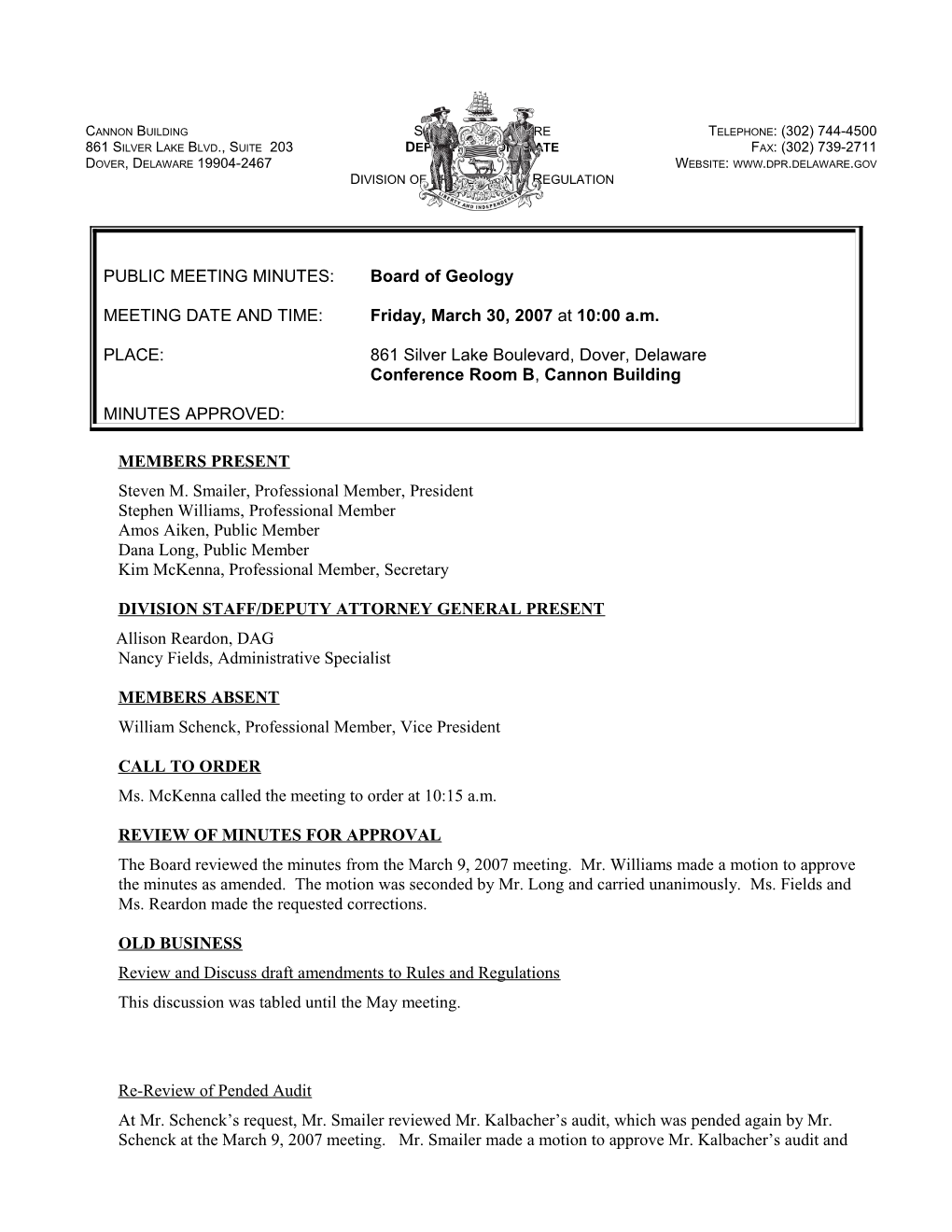 PUBLIC MEETING MINUTES: Board of Geology