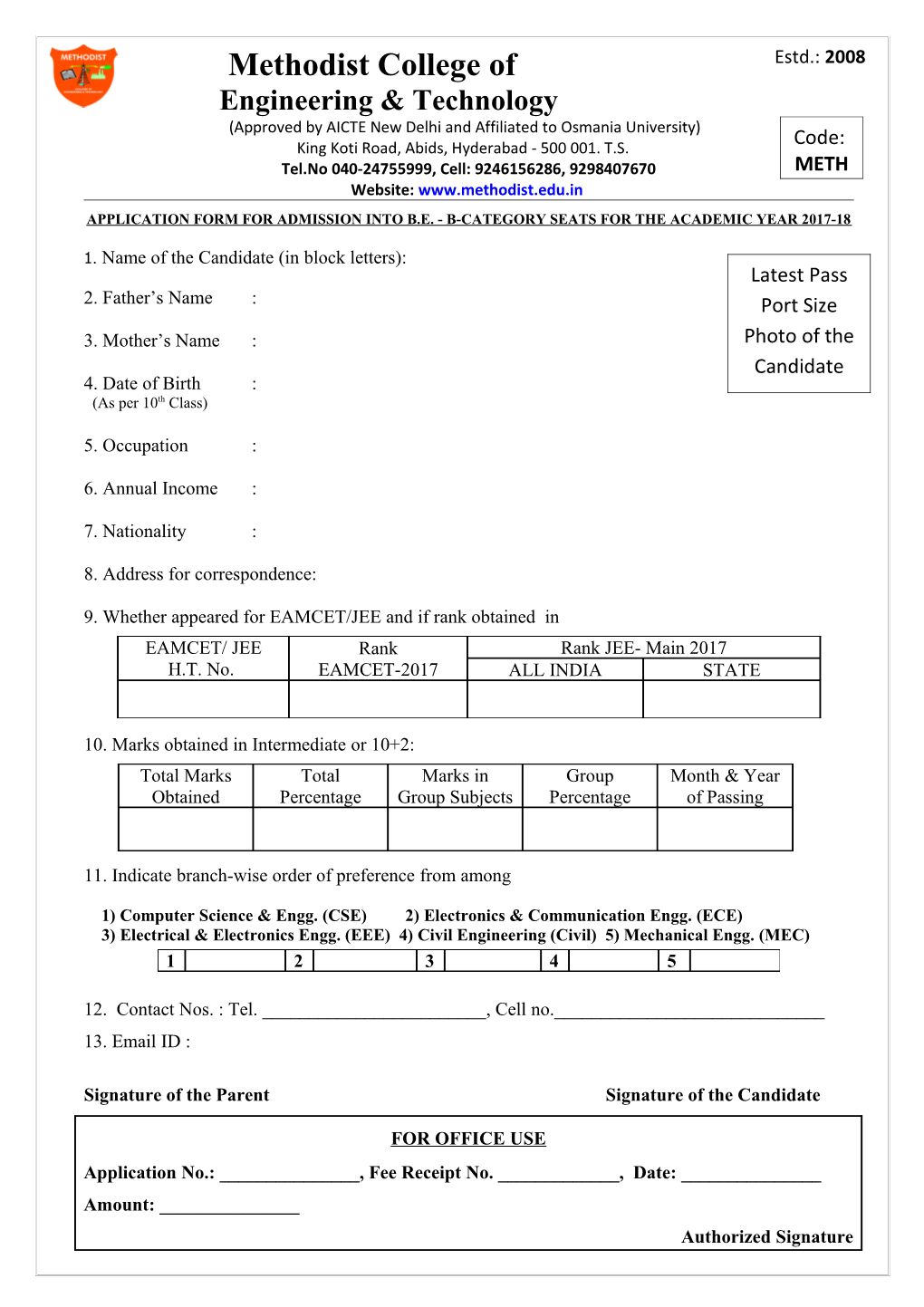 Application Form for Admission Into B.E. - B-Category Seats for the Academic Year 2017-18