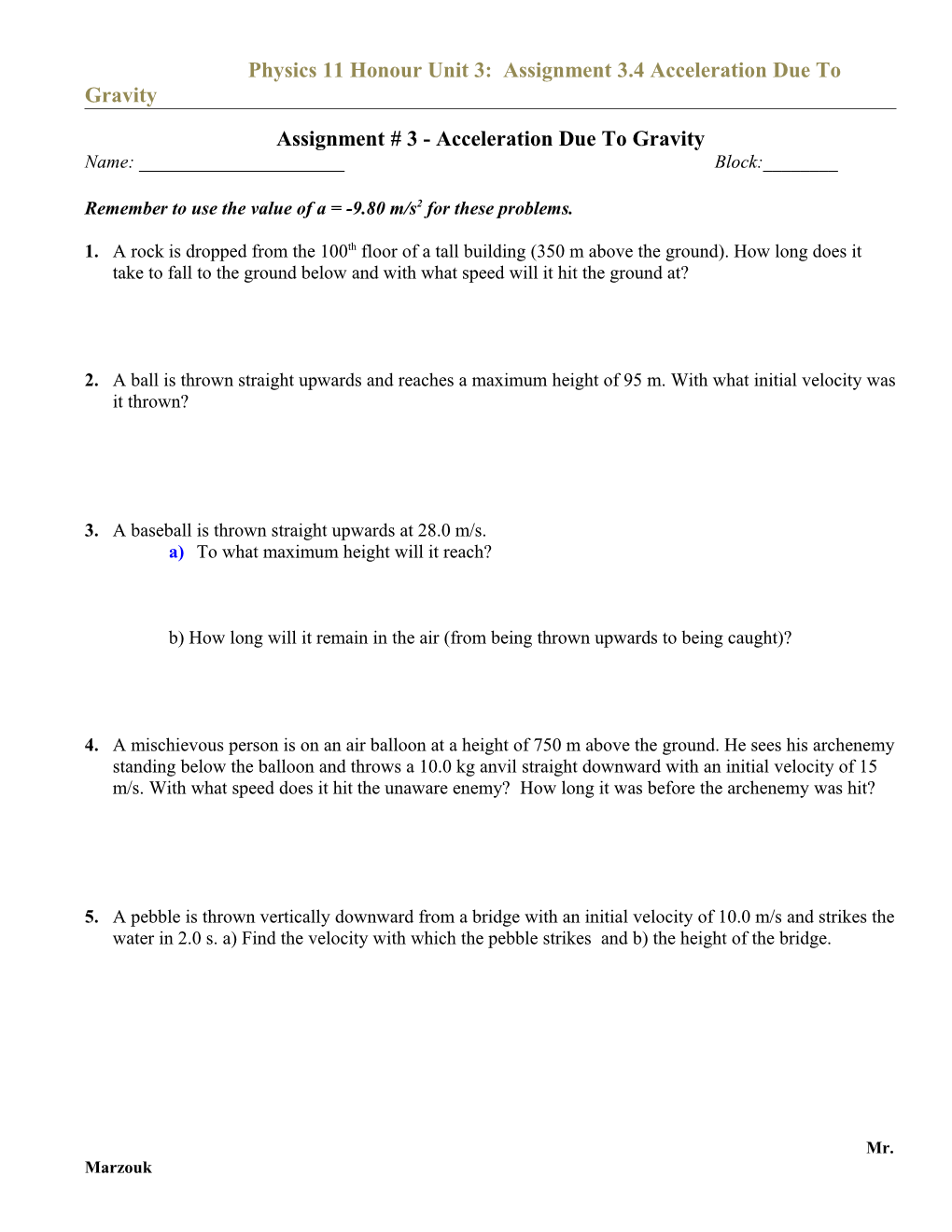 Assignment # 3 - Acceleration Due to Gravity