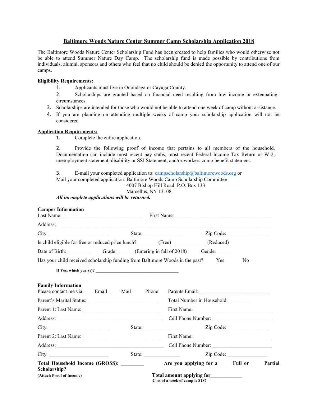 Baltimore Woods Nature Center Summer Camp Scholarship Application 2018