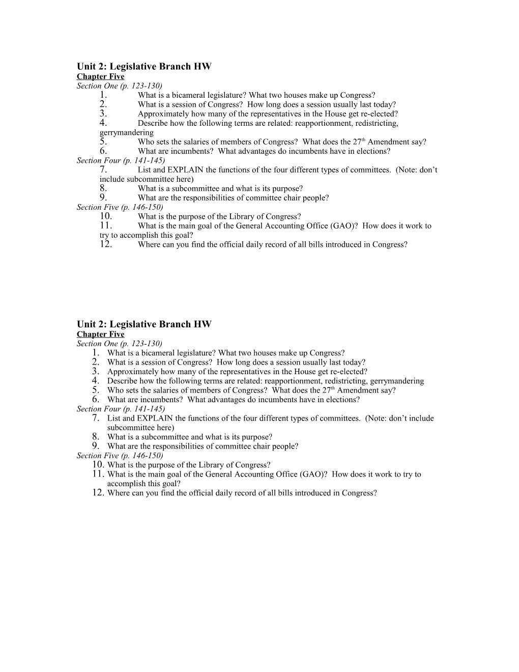 Unit 2: Legislative Branch HW