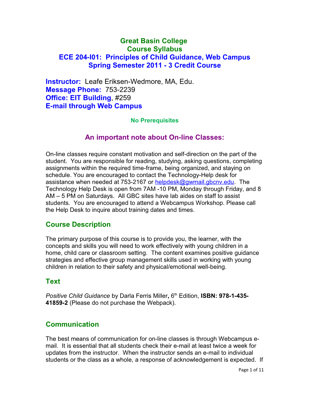 ECE 204-I01: Principles of Child Guidance, Web Campus