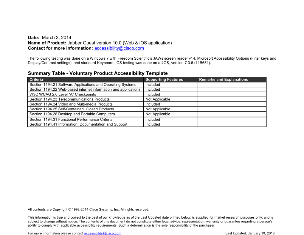 Summary Table - Voluntary Product Accessibility Template