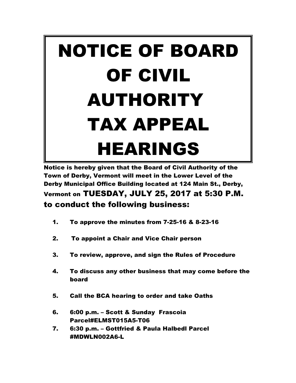 Notice of Board of Civil Authority Meeting