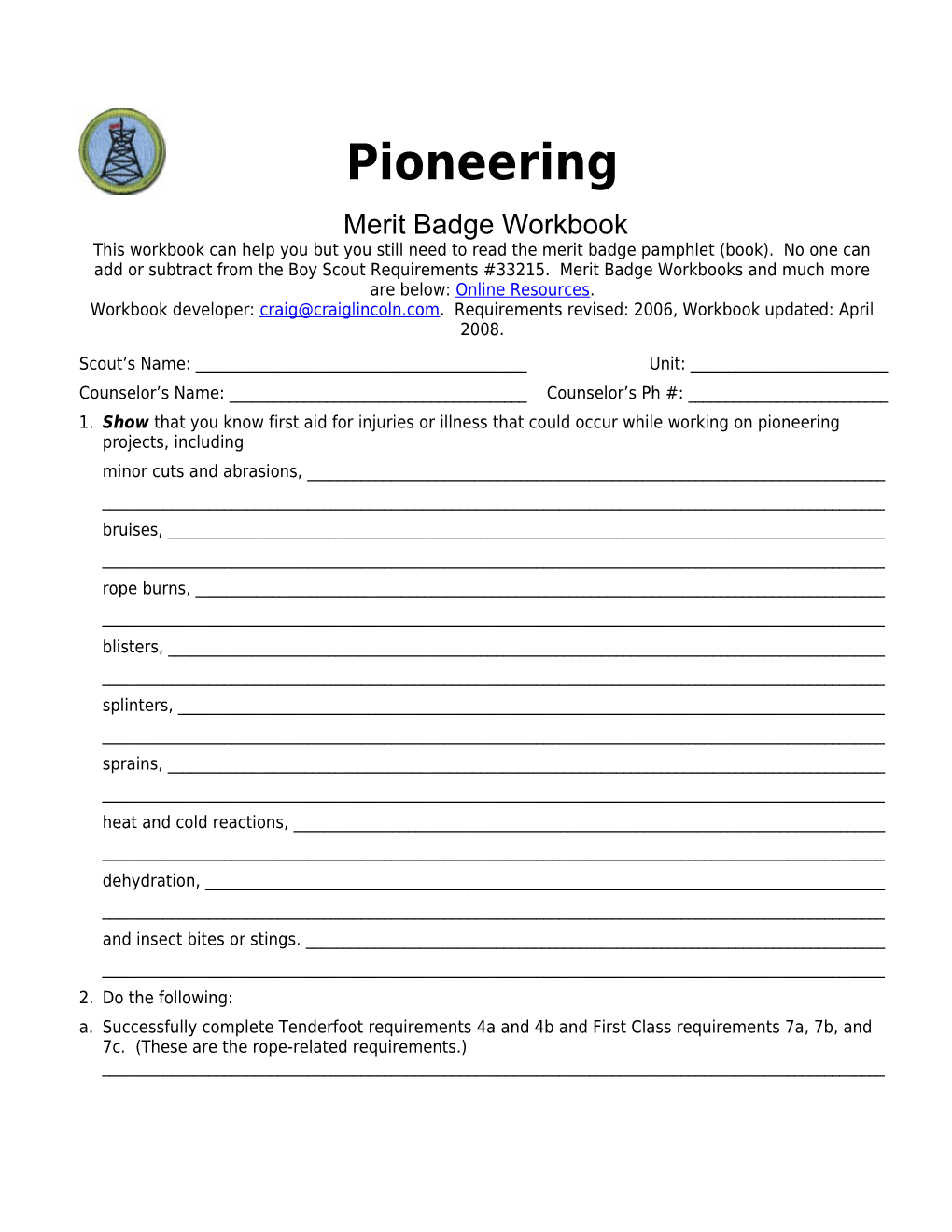 Pioneering P. 4 Merit Badge Workbook Scout's Name: ______