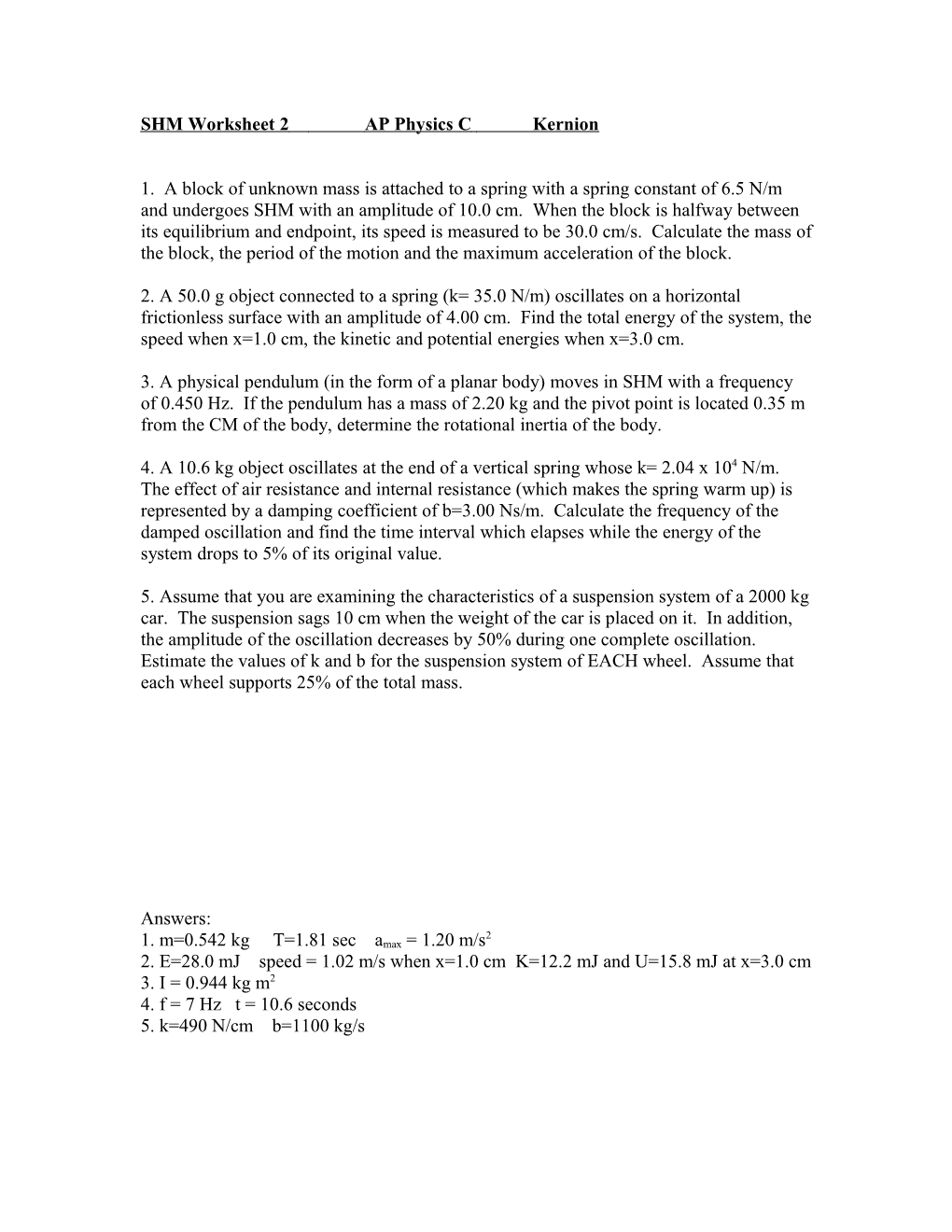 SHM Worksheet 2AP Physics Ckernion