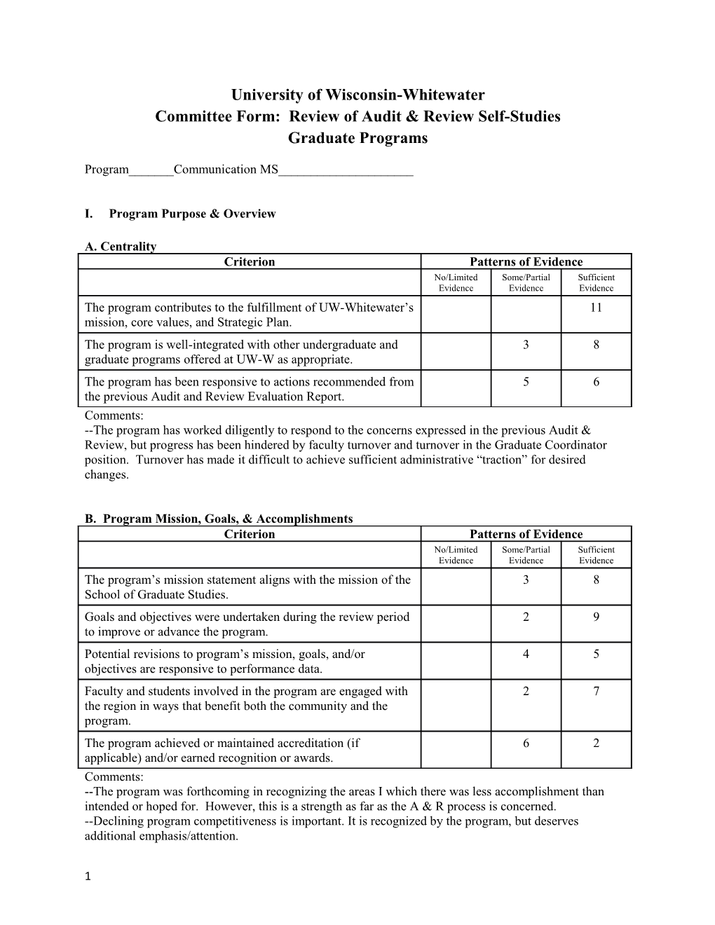 Committee Form: Review of Audit & Review Self-Studies