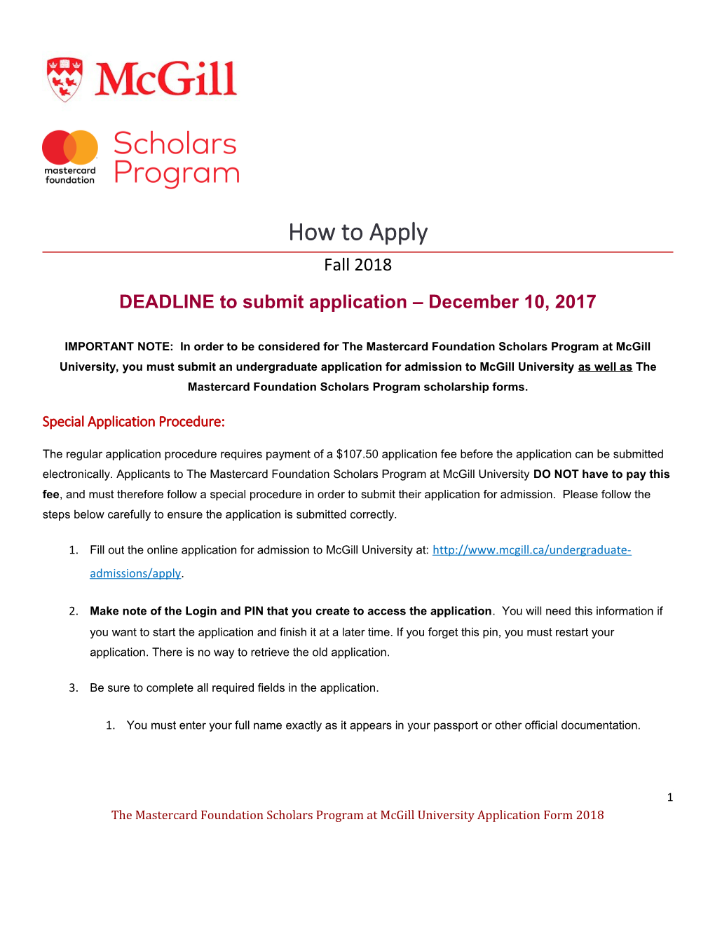 DEADLINE to Submit Application December 10, 2017