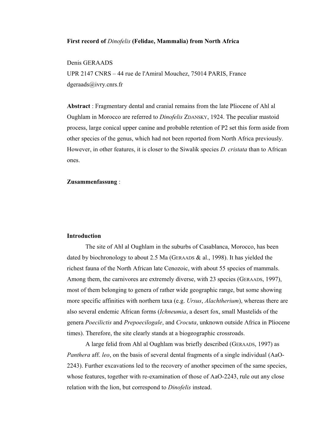 First Record of Dinofelis (Felidae, Mammalia) from North Africa