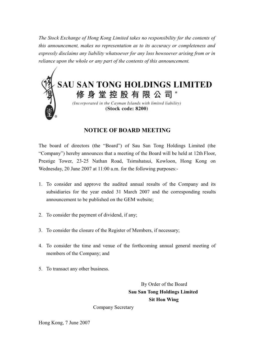 The Stock Exchange of Hong Kong Limited Takes No Responsibility for the Contents of This s1