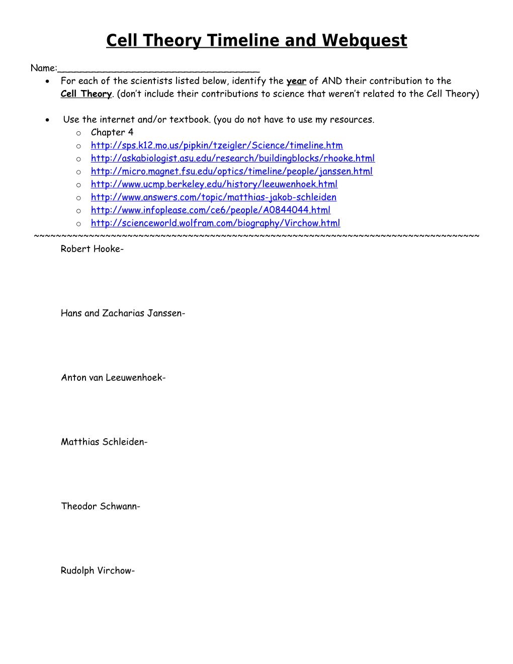 Cell Theory Timeline and Webquest