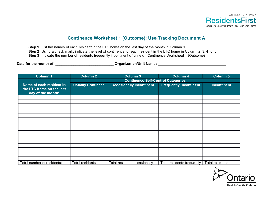 Continence Worksheet 1 (Outcome): Use Tracking Document A