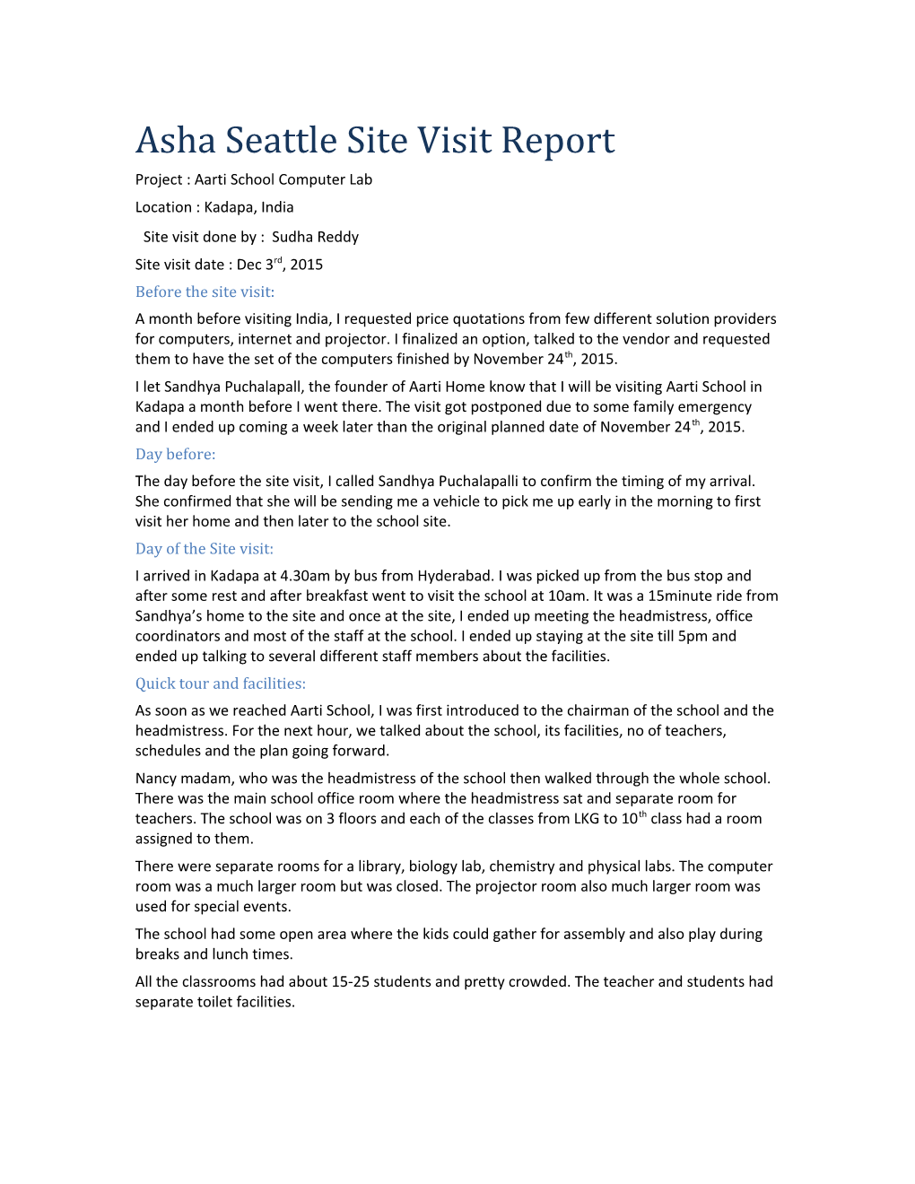 Asha Seattle Site Visit Report