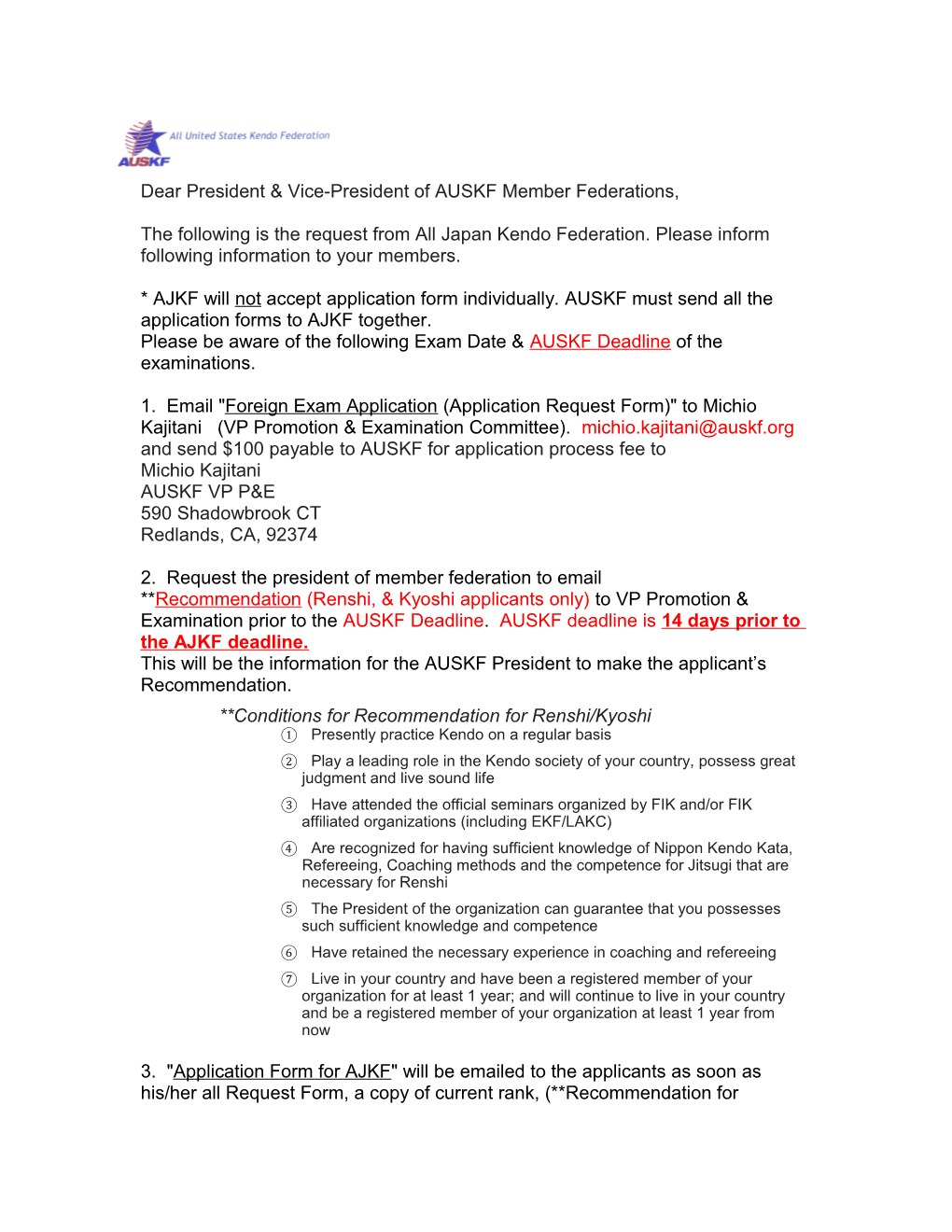 Dear President & Vice-President of AUSKF Member Federations