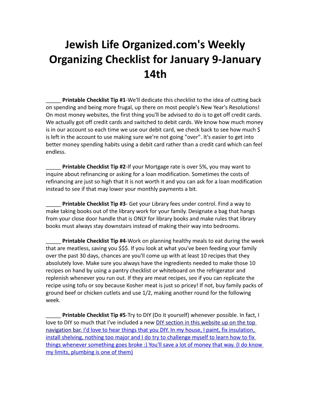 Jewish Life Organized.Com's Weekly Organizing Checklist for January 9-January 14Th