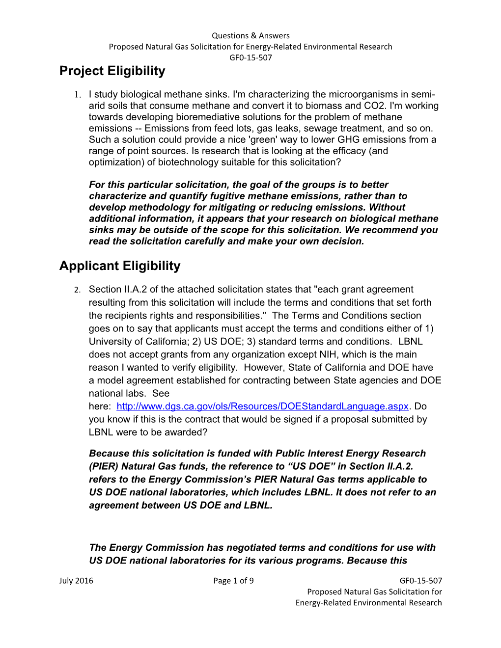 Proposed Natural Gas Solicitation for Energy-Related Environmental Research
