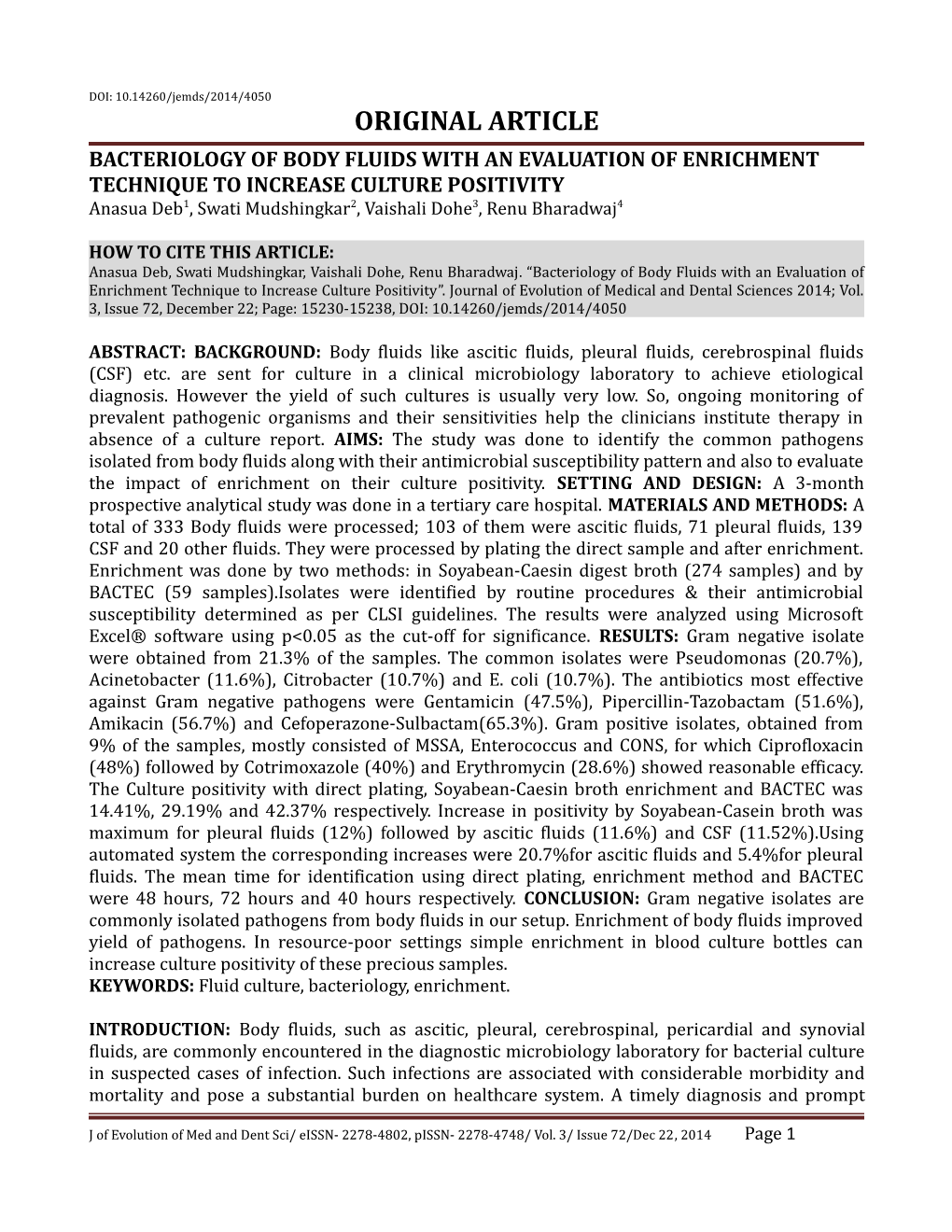 Bacteriology of Body Fluids with an Evaluation of Enrichment Technique to Increase Culture