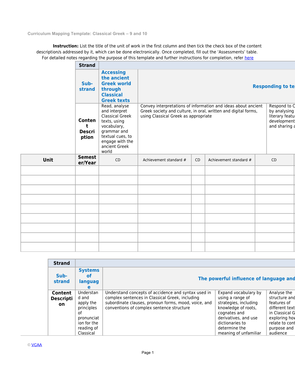 Curriculum Mapping Template: Classical Greek 9 and 10