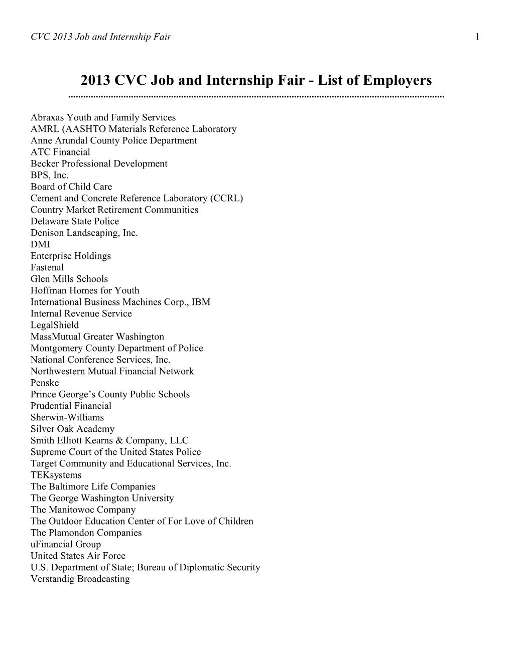 2013 CVC Job and Internship Fair - List of Employers