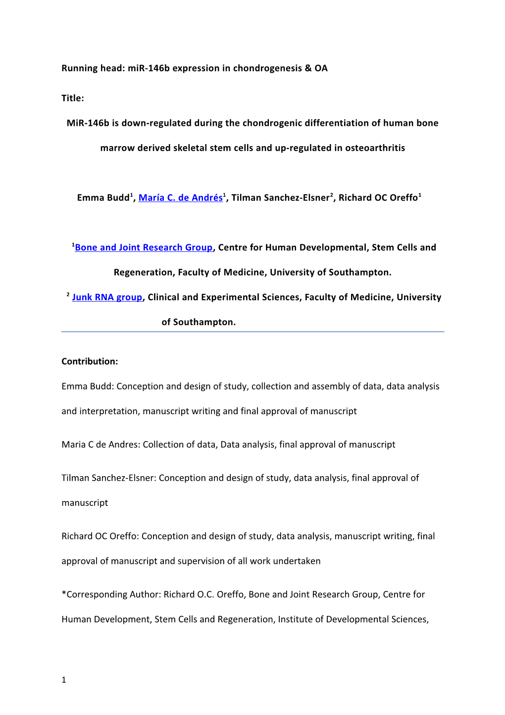 Running Head: Mir-146B Expression in Chondrogenesis & OA