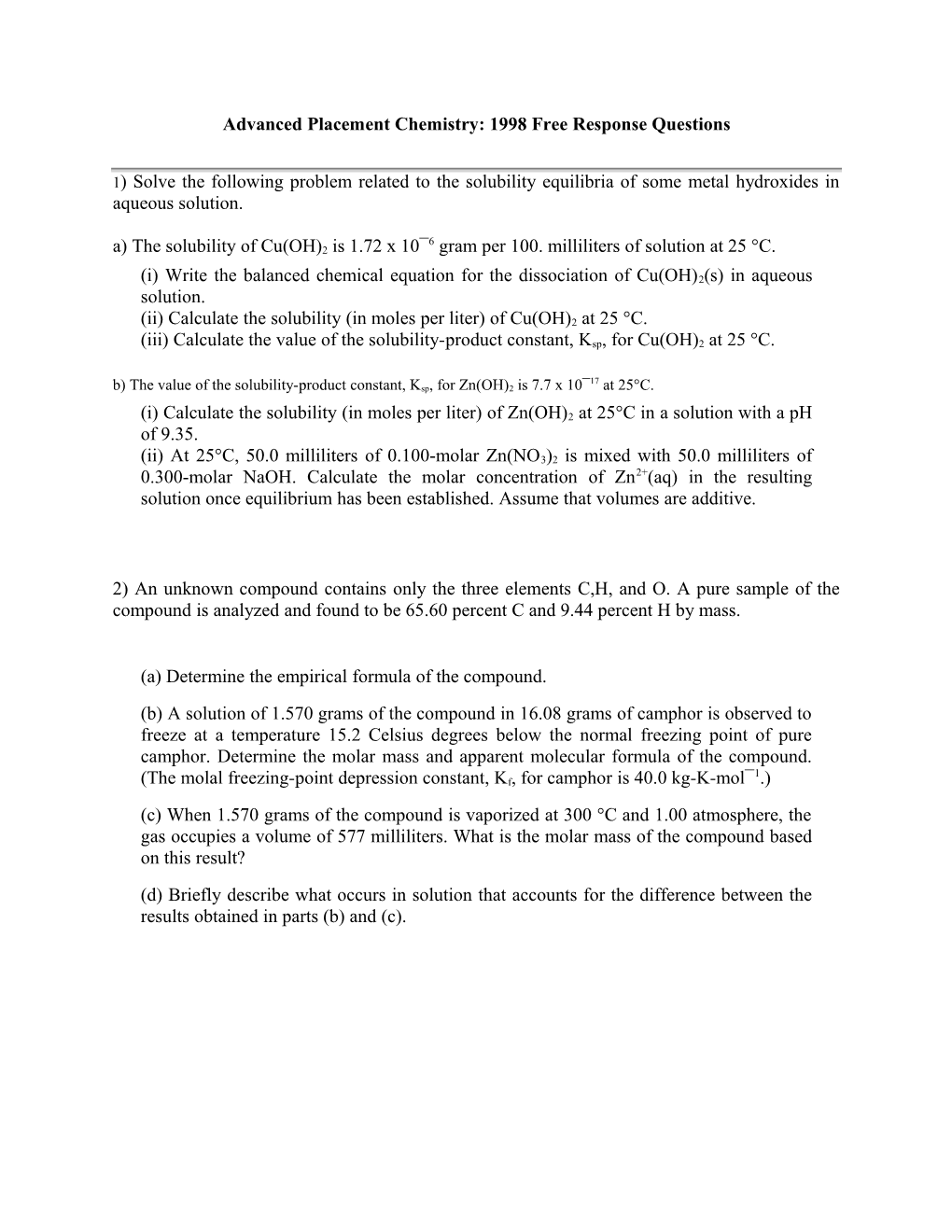 Advanced Placement Chemistry: 1998 Free Response Questions