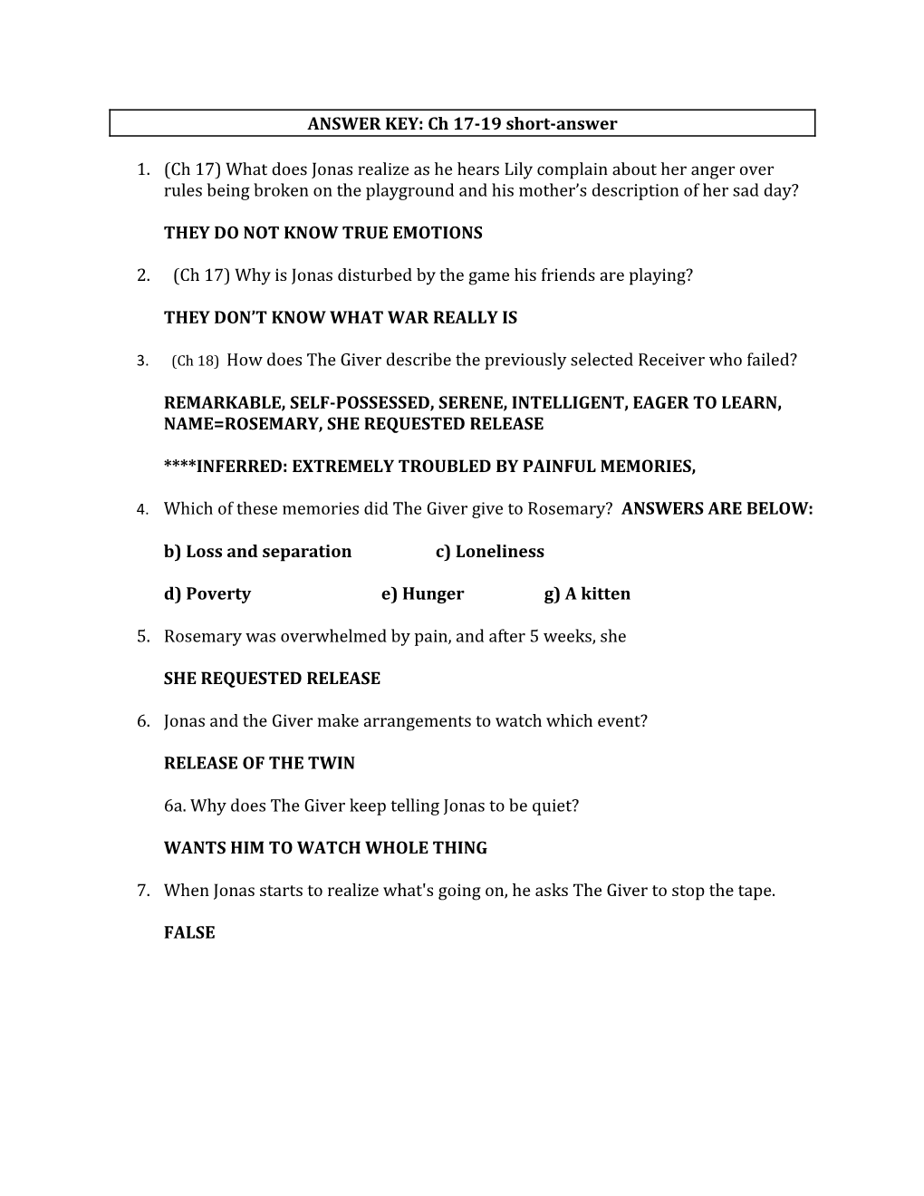 ANSWER KEY: Ch 17-19 Short-Answer