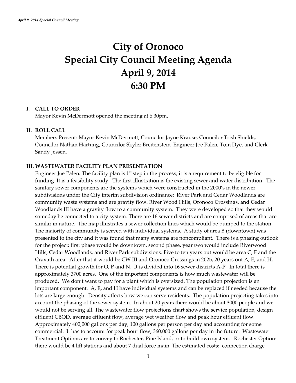 April 9, 2014 Special Council Meeting