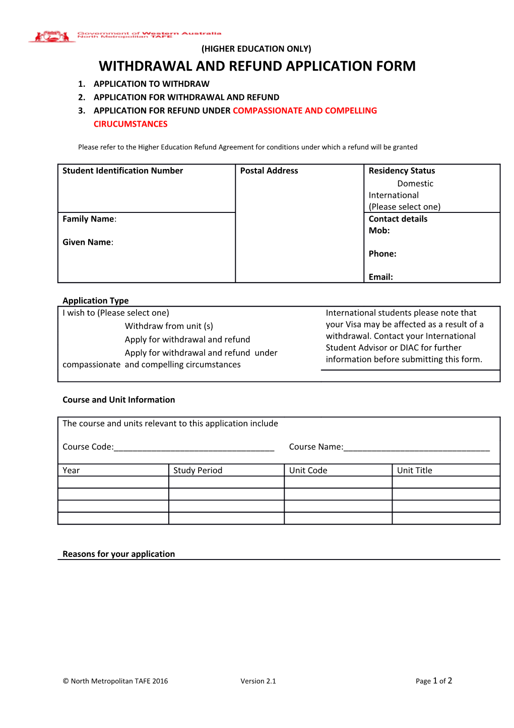 Withdrawal and Refund Application Form