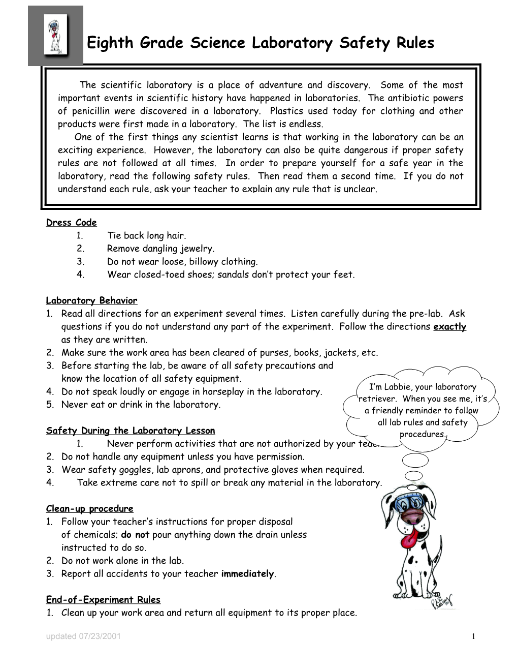 Sixth Grade Science Laboratory Safety Rules