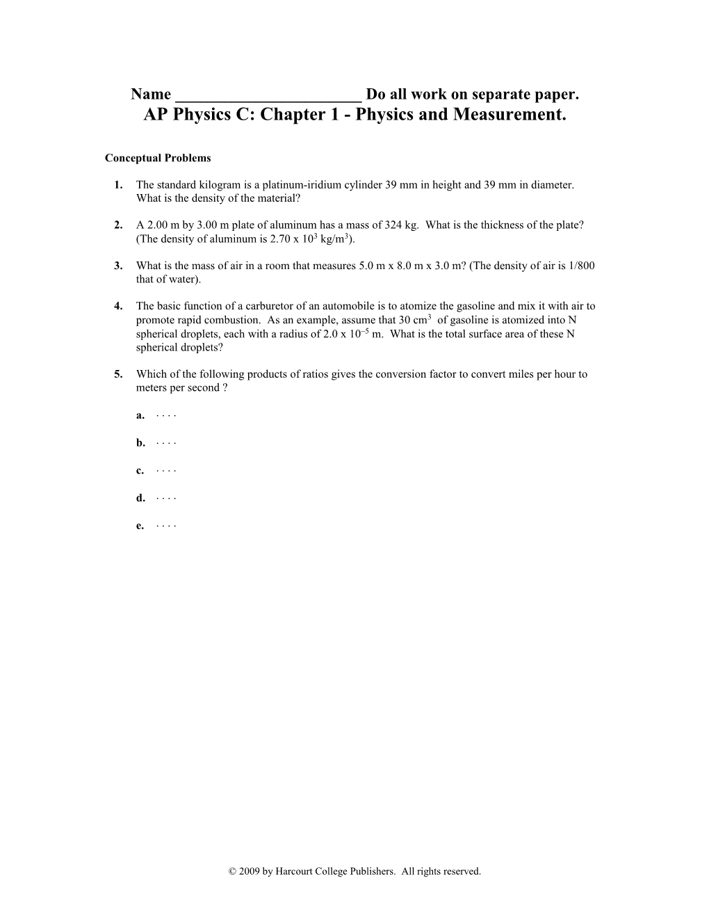 AP Physics C: Chapter 1 - Physics and Measurement