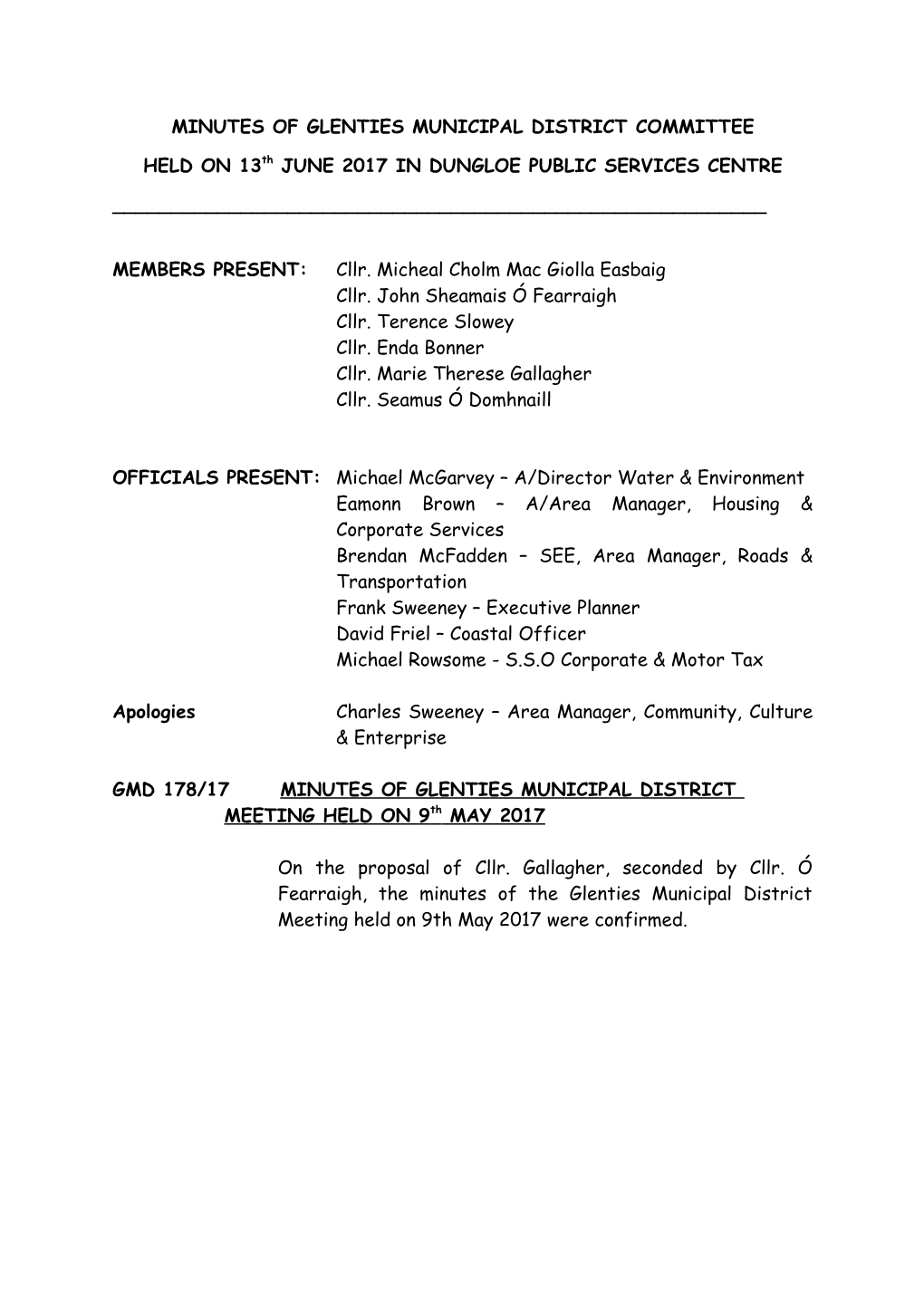 Minutes of Glenties Municipal District Committee