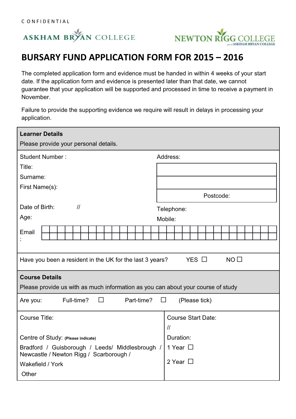 Bursary Fund Application Form for 2015 2016