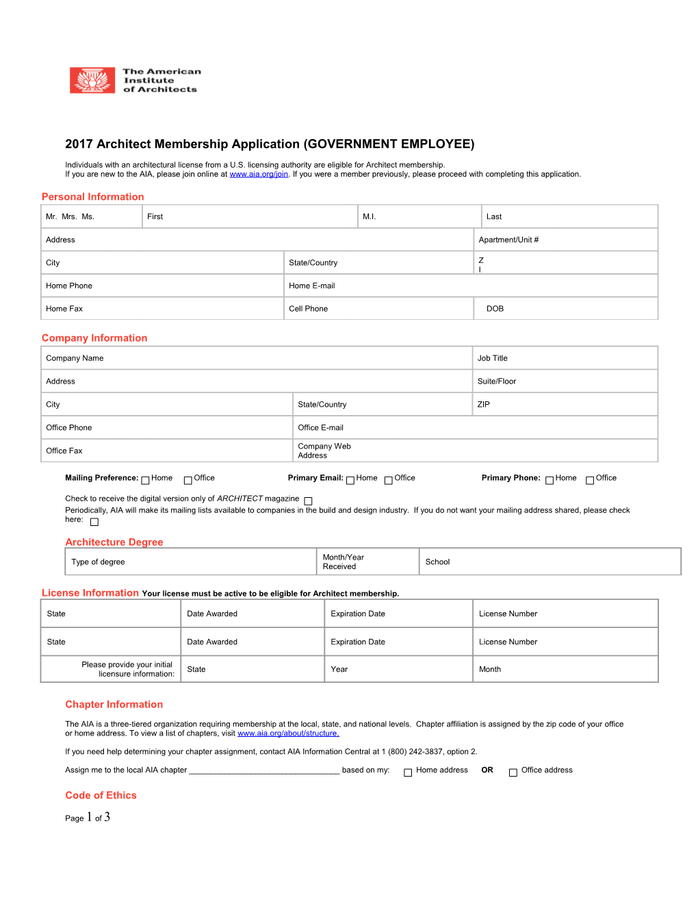 2017Architect Membership Application (GOVERNMENT EMPLOYEE)