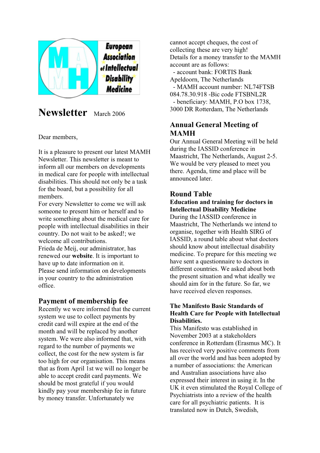 The Manifesto Basic Standards of Helath Care for People with Intellectual Disabilities