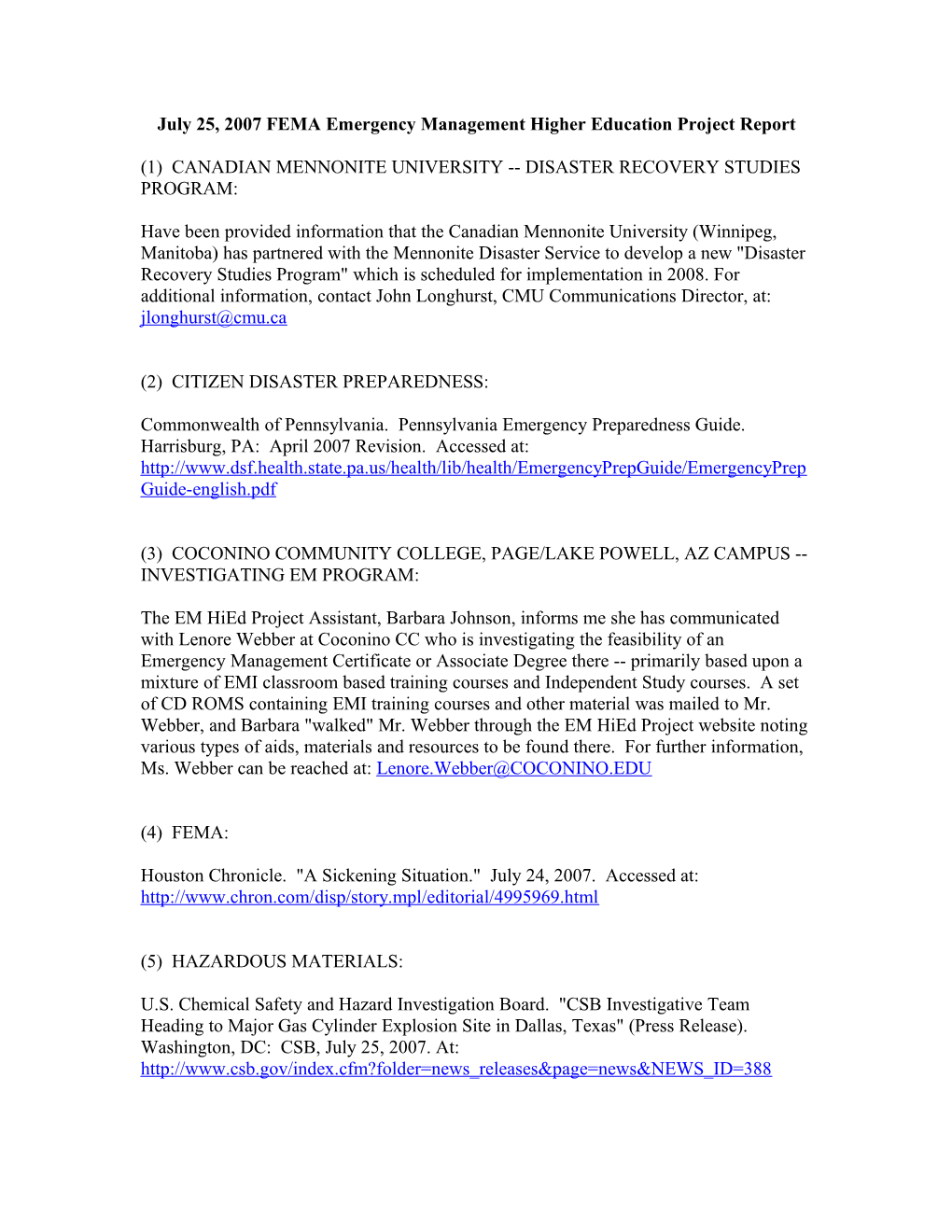 July 25, 2007 FEMA Emergency Management Higher Education Project Report
