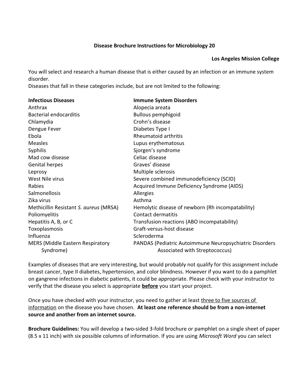 Disease Brochure Instructions for Microbiology 20