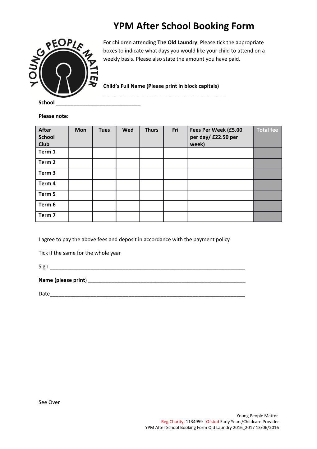 YPM After School Booking Form