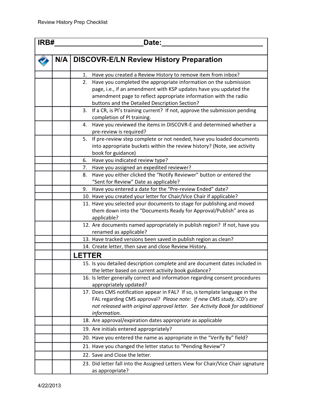 Review History Prep Checklist