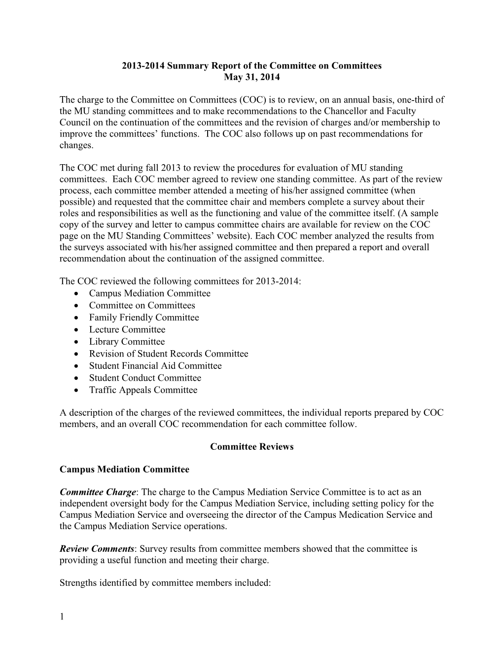 2013-2014 Summary Report of the Committee on Committees