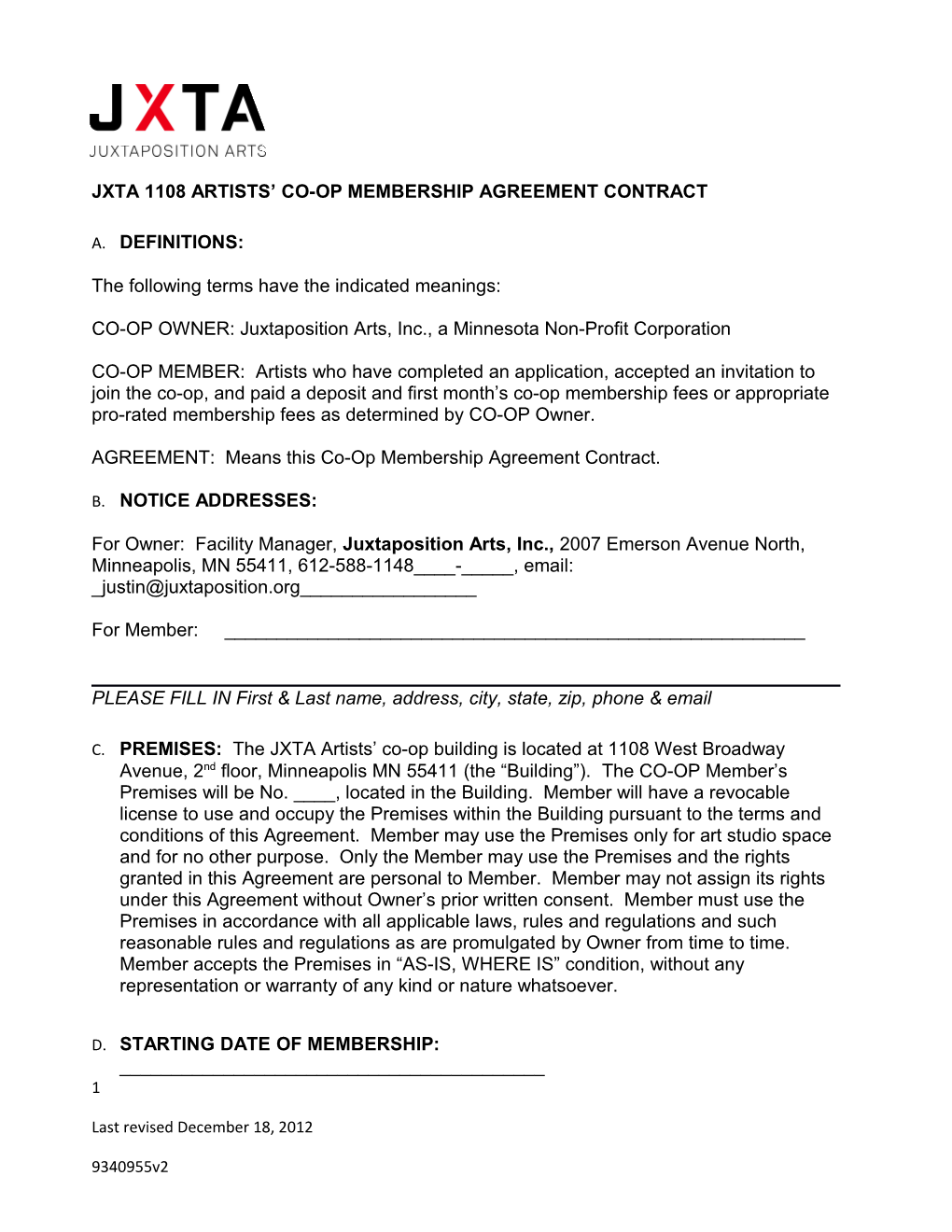Jxta 1108 Artists Co-Op Membership Agreement Contract