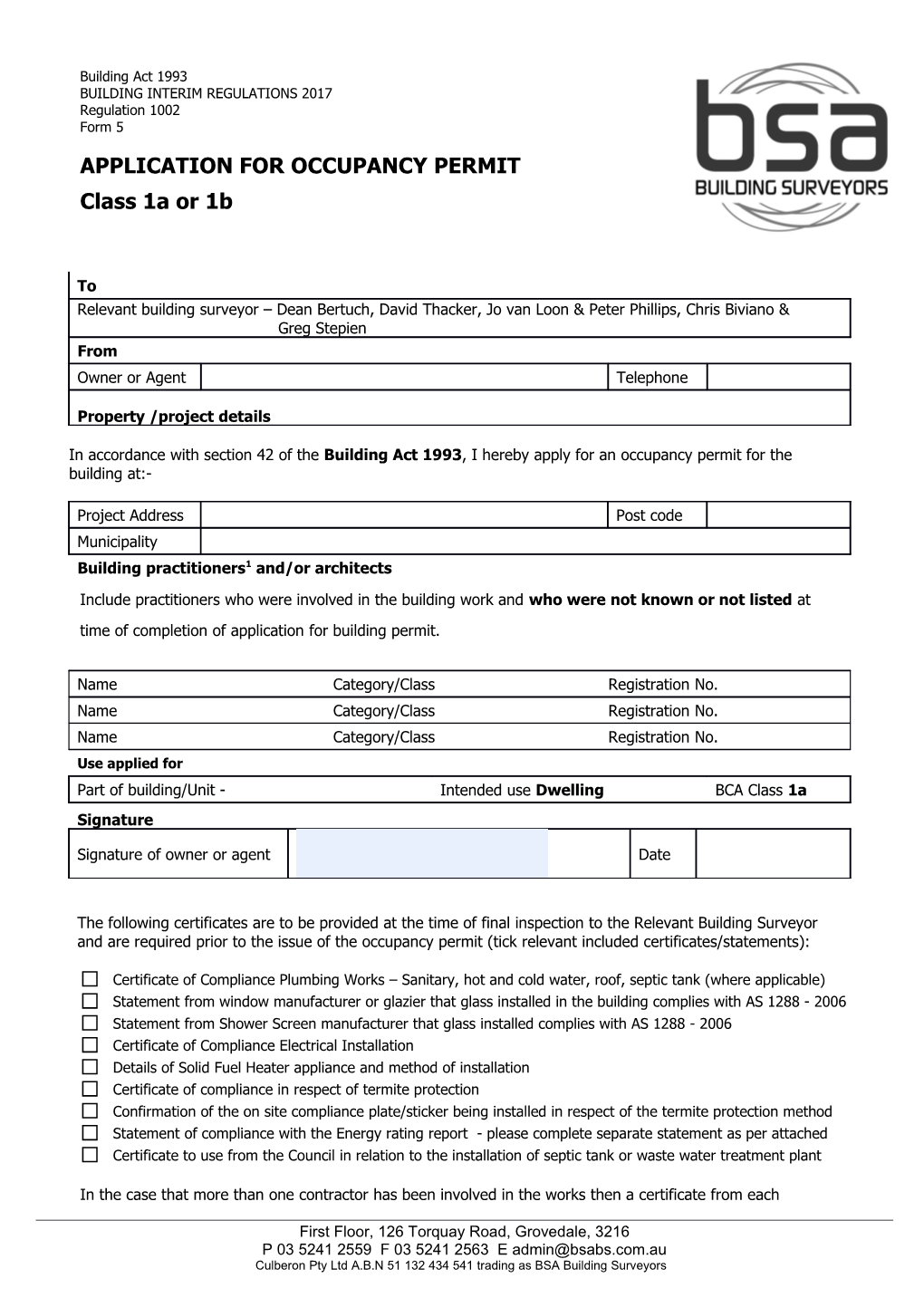 Application for Occupancy Permit