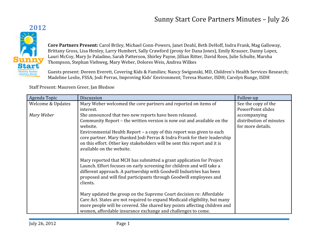 Sunny Start Core Partners Minutes July 26