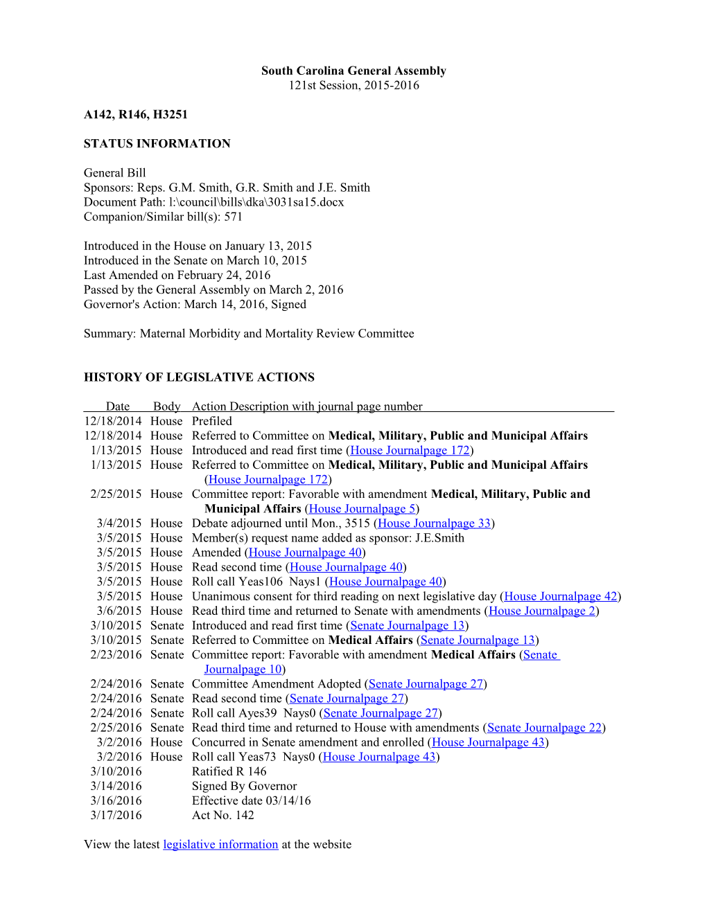 2015-2016 Bill 3251: Maternal Morbidity and Mortality Review Committee - South Carolina