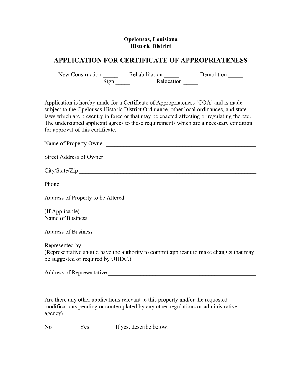 Application for Certificate of Appropriateness