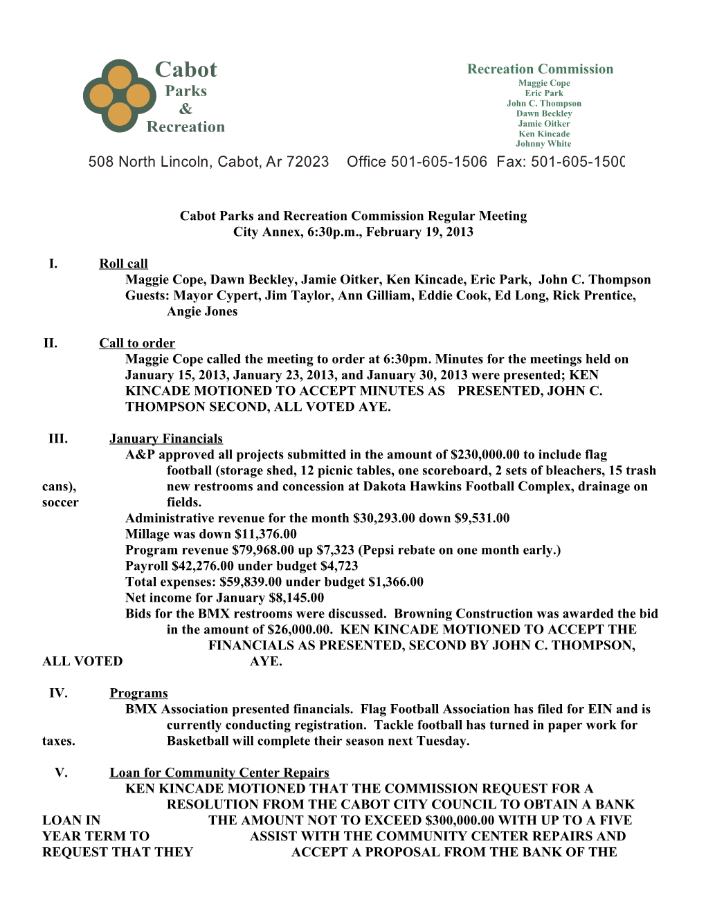 Cabot Parks and Recreation Commission Special Meeting