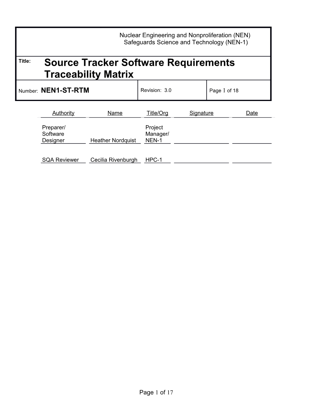 Source Tracker Requirements Traceability Matrix