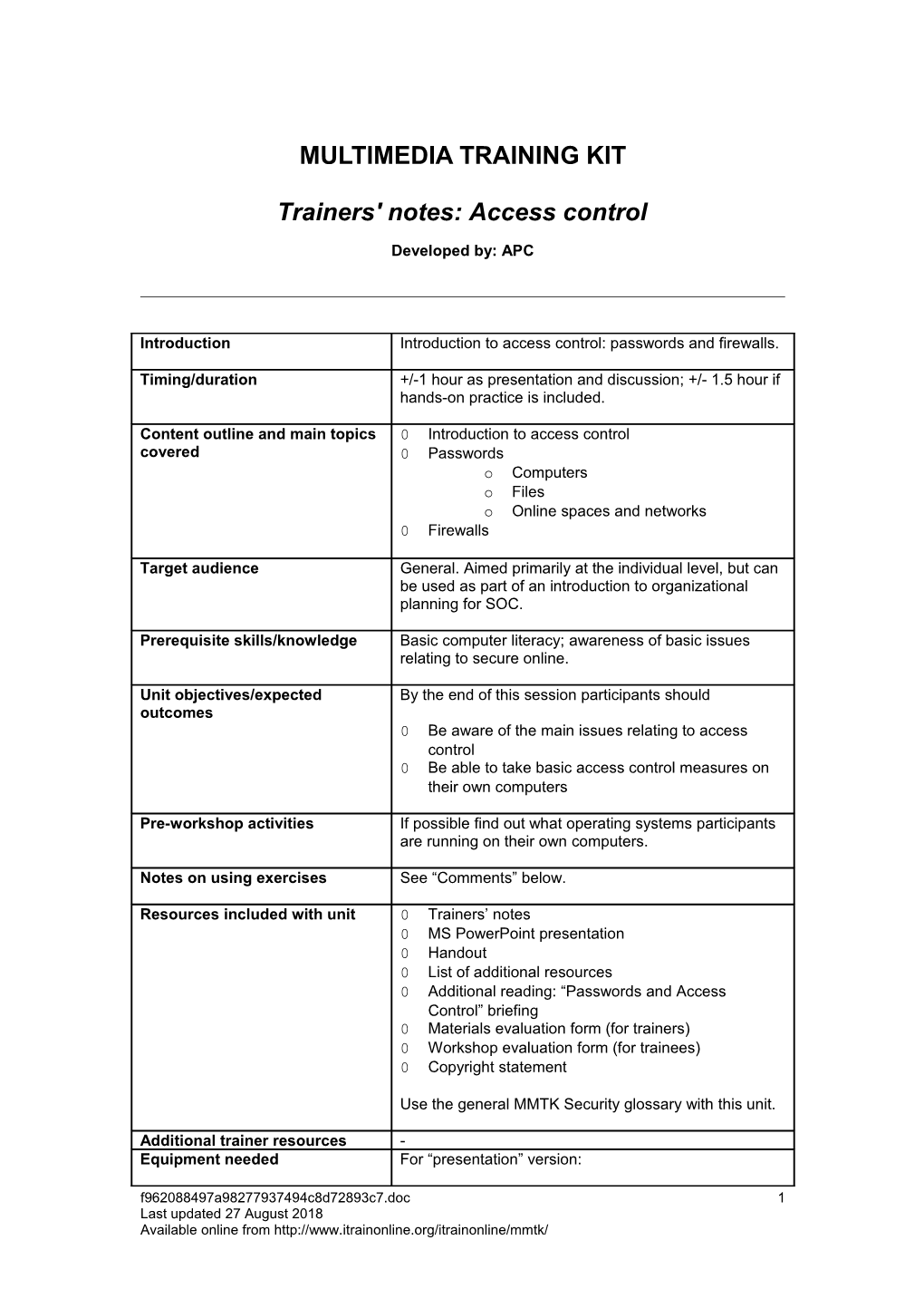 Trainers' Notes: Access Control