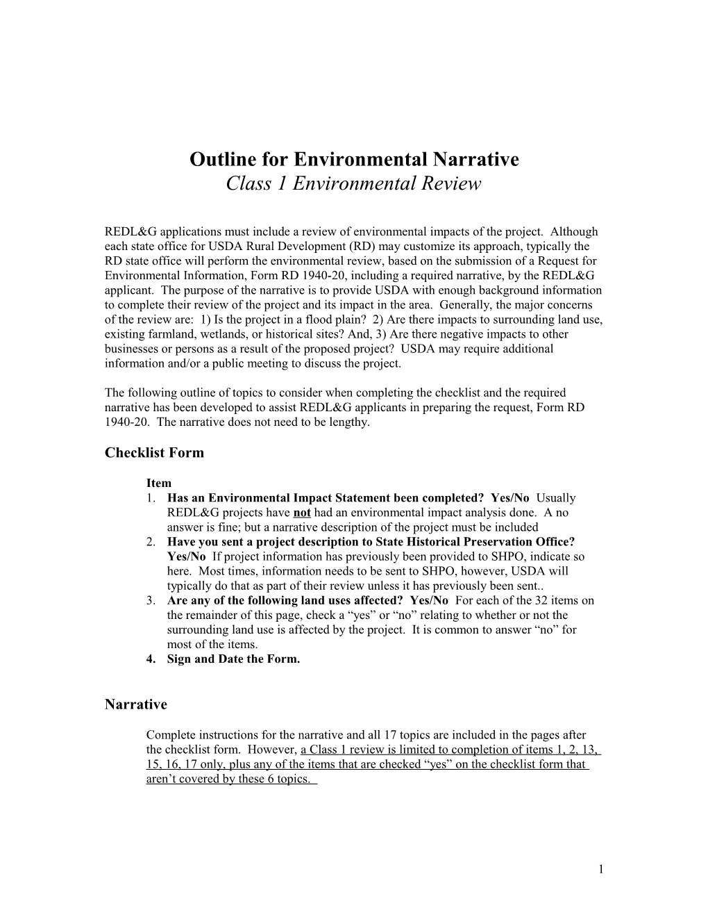 Outline For Environmental Narrative