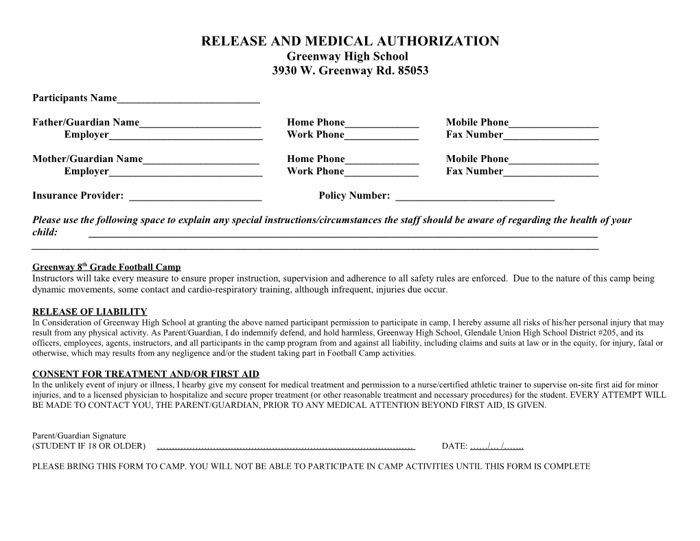 Release and Medical Authorization